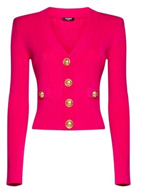 Balmain Hot Pink Gold-Button Ribbed V-Neck Cardigan